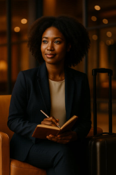 A Journey of Healing and Purpose. The Spirit Behind TravlMatch Professional woman traveler journaling in a lounge, symbolizing intentional connection and life in motion
