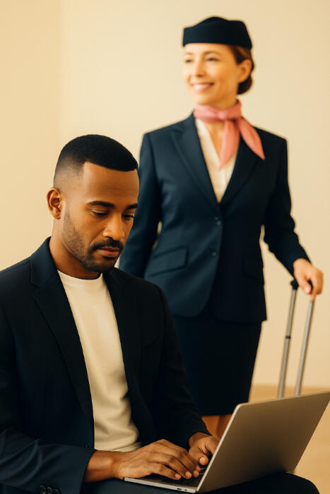 TravlMatch Airline Crew and Business Traveler A business traveler on a laptop with an airline crew member in the background