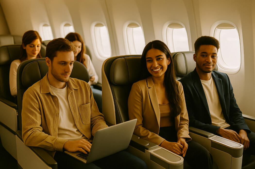 Business-Class Travel For Every Kind of Journey Interior of a business class airplane cabin with young travelers, representing premium membership tiers